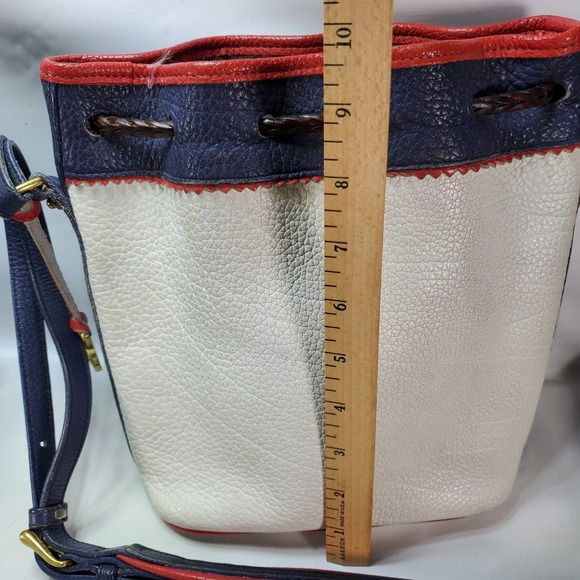 Vintage DOONEY & BOURKE White Blue Red Leather Teton Drawstring Bag Shoulder - Picture 6 of 9
